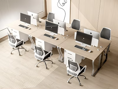 Office Desks With Multiple Workstations Computers Ergonomic Chairs And Drawer Storage In Modern Office 3d model