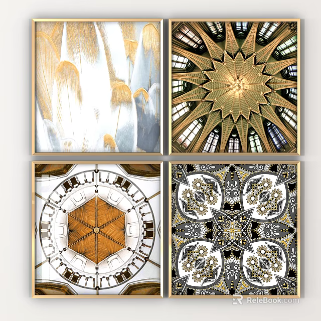 Four Abstract Geometric Landscape Paintings With Golden Decorative Architectural Inspired Patterns 3d model