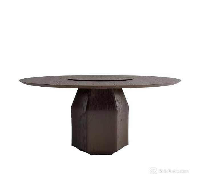 Modern Dark Wooden Dining Table With Round Top And Geometric Hexagonal Base Design 3d model