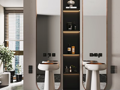 Modern Pedestal Washbasin Design With Large Mirror Built-in Shelves Warm Lighting And Decorative Bottles 3d model