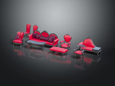 Elegant Red Furniture Set Including Sofa Chairs Coffee Table And Ottoman With Ornate Details 3d model
