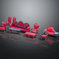Elegant Red Furniture Set Including Sofa Chairs Coffee Table And Ottoman With Ornate Details