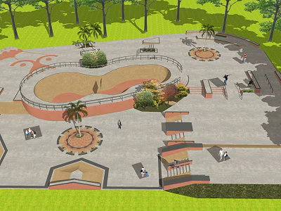 Outdoor Skate Park Recreational Area With Trees Lawn Seating And People Activities 3d model