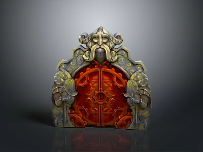 Ornate Mythical Gate With Intricate Carvings Gold Accents And Red Panels 3d model