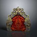 Ornate Mythical Gate With Intricate Carvings Gold Accents And Red Panels