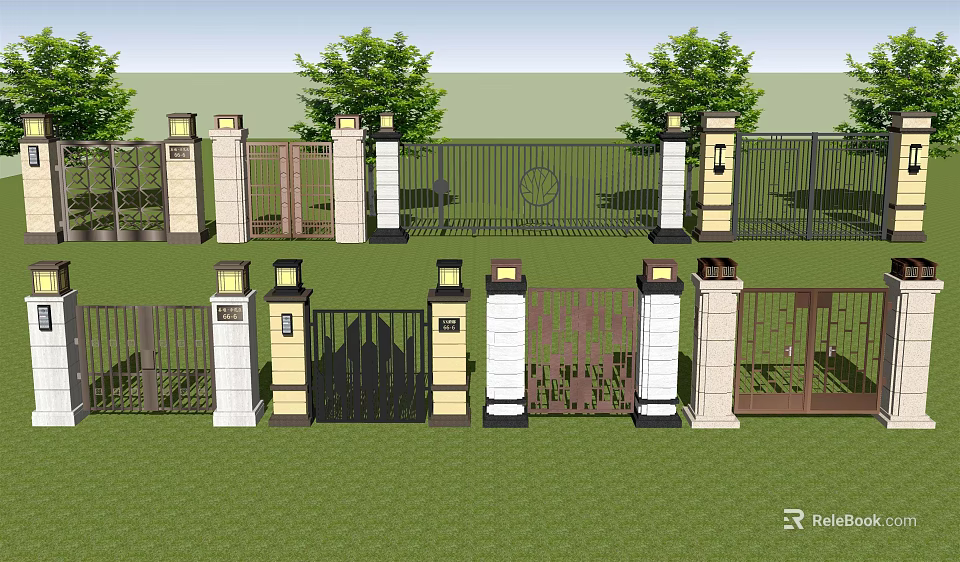 Stylish Entrance Gate With Decorative Pillars Iron Fence Green Trees And Grass Lawn 3d model 