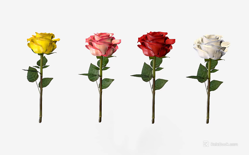 Different Colored Roses in Yellow Pink Red White With Green Leaves And Stems 3d model 