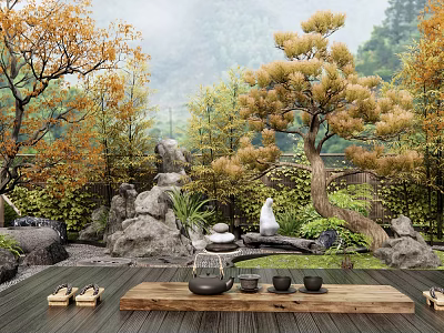 Natural Courtyard Garden Landscape With Pine Tree Rocks Wooden Platform Tea Set And Mountain View 3d model