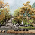 Natural Courtyard Garden Landscape With Pine Tree Rocks Wooden Platform Tea Set And Mountain View
