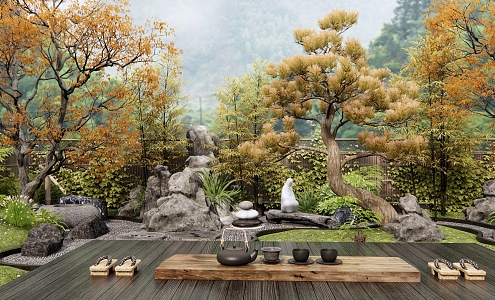 Dry Landscape Courtyard Landscape Rock Stone Wooden Fence Landscape Tree Shrub Green Planting Parthenocissus 3d model