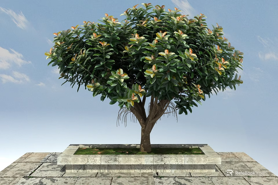 Vibrant Arbor With Green Foliage Pink Blooms And Brown Trunk In Square Stone Planter 3d model 