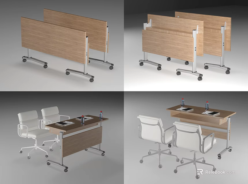 Modern Wooden Table and Chair Set with White Chairs on Wheels for Office Use 3d model 