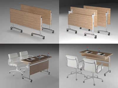 Modern Wooden Table and Chair Set with White Chairs on Wheels for Office Use 3d model