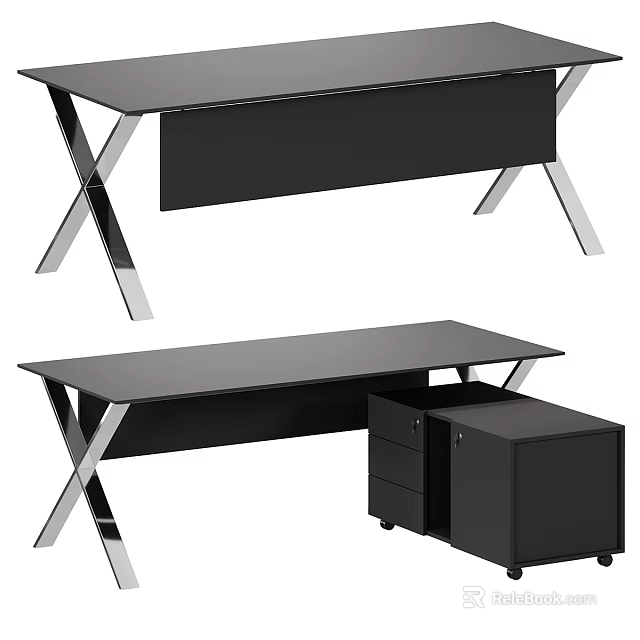 Modern Black Desk With X Shaped Metal Legs Drawer And Storage Cabinet 3d model 