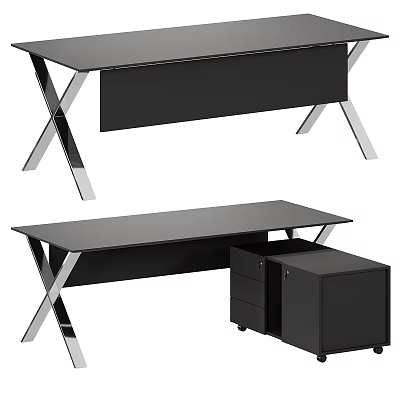 Modern Black Desk With X Shaped Metal Legs Drawer And Storage Cabinet 3d model