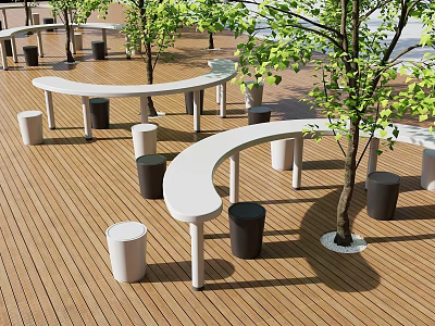 Outdoor Rest Area With Wooden Deck Curved Benches And Green Trees 3d model