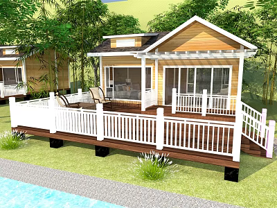 Rustic Wooden Cabin With White Railings Spacious Deck And Lush Greenery By Pool 3d model