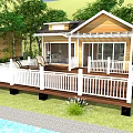 Rustic Wooden Cabin With White Railings Spacious Deck And Lush Greenery By Pool