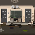Elegant Modern Living Room Interior With Beige Sofa Arched Design And Chandelier Bookshelves And Curtains