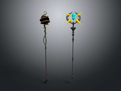 Fantasy Magic Staffs Design With Spiral Green Vines And Yellow Star Blue Gem 3d model