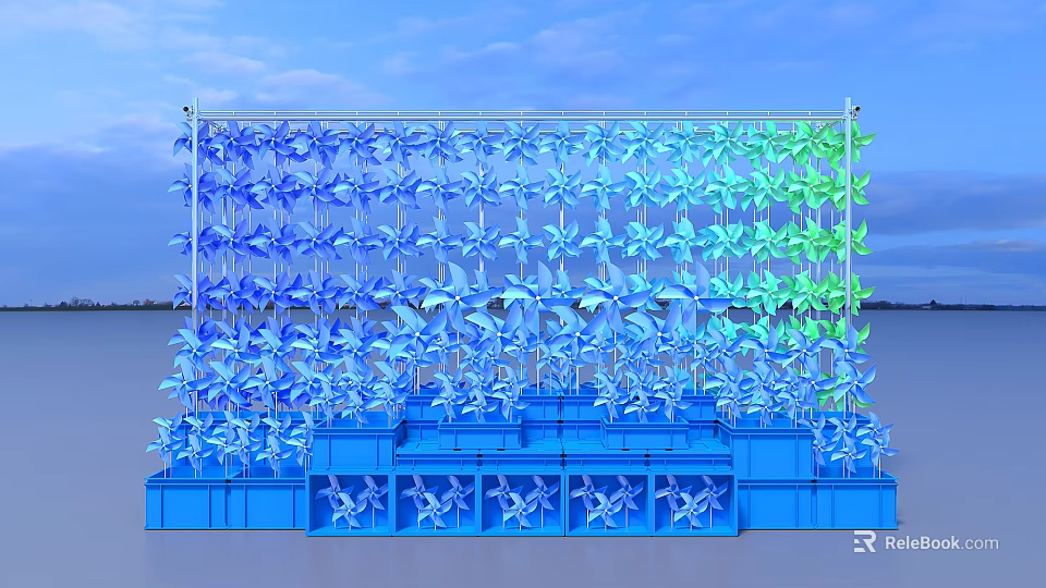 Outdoor Colorful Windmill Art Installation With Blue Green Blades And Blue Base Structure 3d model 
