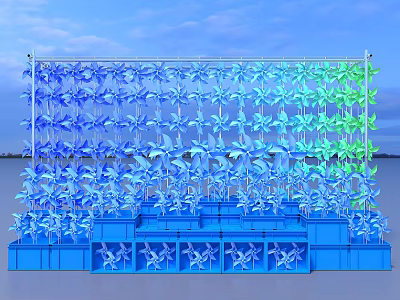 Outdoor Colorful Windmill Art Installation With Blue Green Blades And Blue Base Structure 3d model