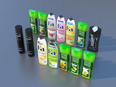 Various Colorful Personal Care Products Featuring Fa Brand Bottles And Toiletries 3d model