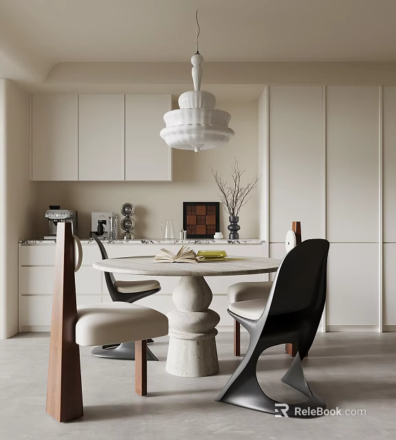 Modern Kitchen Dining Space With White Cabinets Round Table And Pendant Light 3d model