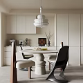 Modern Kitchen Dining Space With White Cabinets Round Table And Pendant Light 3d model
