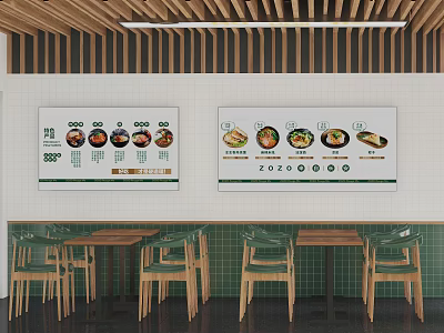 Restaurant Interior With Digital Menu Screens Wooden Tables Green Chairs And Tile Walls 3d model