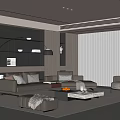 Modern Living Room Interior Design with Sofa Armchair Coffee Table Shelf Wall and Large Window 3d model