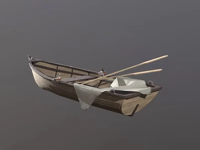 Vintage Wooden Boat With Oars And Cloth On Calm Water Surface 3d model