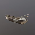 Vintage Wooden Boat With Oars And Cloth On Calm Water Surface
