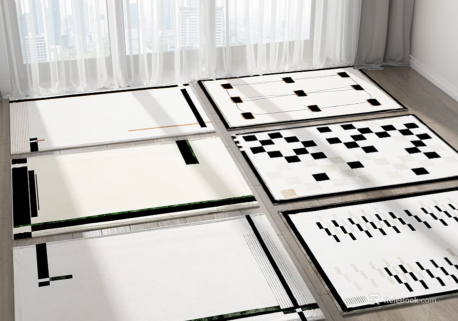 Square Rugs with Various Geometric Patterns and Black White Designs 3d model