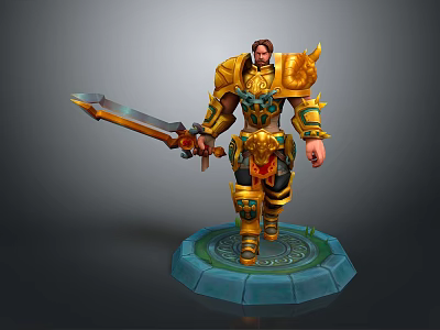 Golden Armored Warrior Holding Giant Sword on Blue Pedestal with Green Patterns 3d model