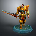 Golden Armored Warrior Holding Giant Sword on Blue Pedestal with Green Patterns