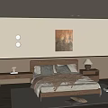 Cozy Modern Bedroom Interior With Wooden Bed Frame Pillows Wall Art Window Blinds And Curtains