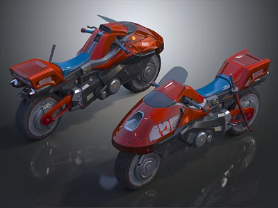 Two Red Futuristic Motorcycles Featuring Blue Seats And Stylish Design 3d model