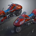 Two Red Futuristic Motorcycles Featuring Blue Seats And Stylish Design