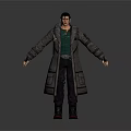 Man Standing with Arms Outstretched Wearing Long Coat Green Shirt Black Pants and Boots