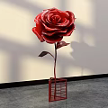 Floral Art Installation Red Rose on Red Grid Stand with Light Shadow on Beige Wall