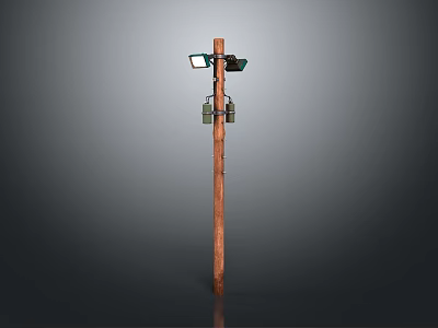 Brown Wooden Household Pole With Two Green Lamps And Small Hanging Accessories 3d model