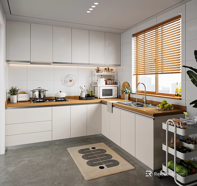 Modern Kitchen Interior With White Cabinets Wooden Countertop Appliances Potted Plants And Anti Slip Mat 3d model 