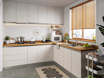 Modern Kitchen Interior With White Cabinets Wooden Countertop Appliances Potted Plants And Anti Slip Mat 3d model