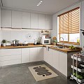 Modern Kitchen Interior With White Cabinets Wooden Countertop Appliances Potted Plants And Anti Slip Mat