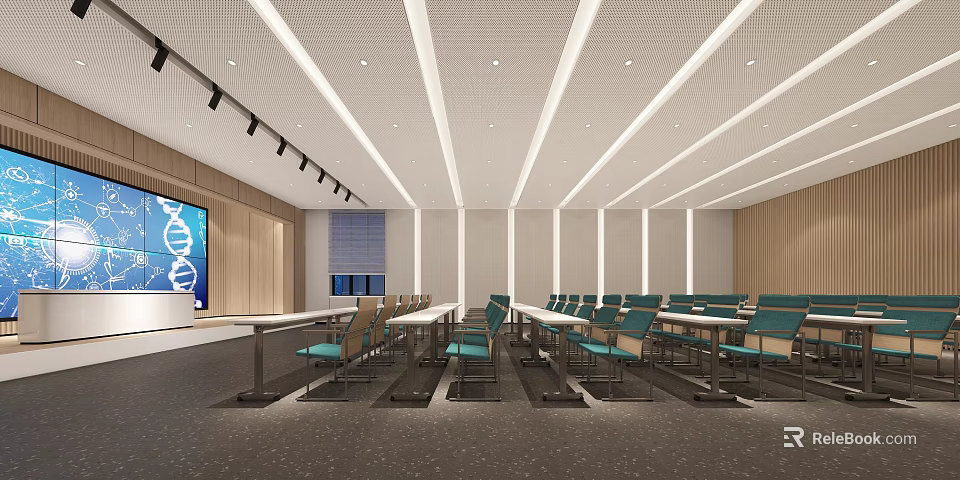 Modern Conference Room with Large Screen Long Tables Chairs Ceiling Lights Wooden Walls And Blinds 3d model 