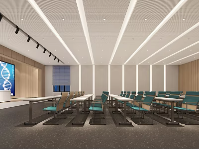 Modern Conference Room with Large Screen Long Tables Chairs Ceiling Lights Wooden Walls And Blinds 3d model