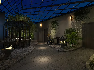 Nighttime Illuminated Indoor Courtyard With Glass Roof Stone Floor Green Plants And Lanterns 3d model