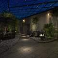 Nighttime Illuminated Indoor Courtyard With Glass Roof Stone Floor Green Plants And Lanterns