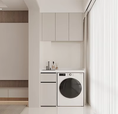 Modern Laundry Space With White Cabinets Sink And Washing Machine 3d model